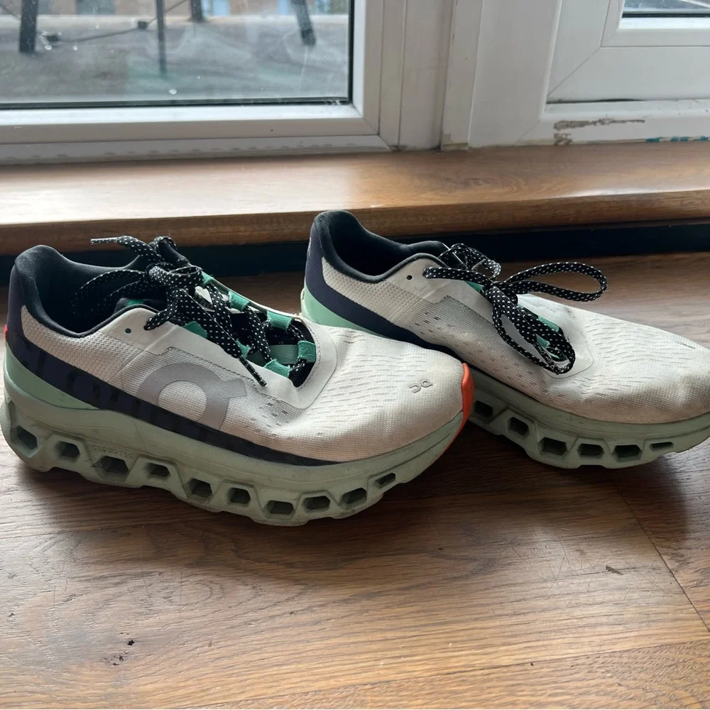 ON cloudmonster - White and Navy Athletic Shoes with Orange Accents - Picture 3 of 5